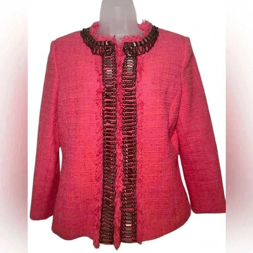 Boston Proper Coral Tweed Blazer Size 10 Chain Trim Embellished Cotton Jacket